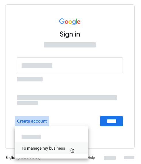 The Google "Sign in" window with "Create account" selected, and "To manage my business" appearing in the dropdown menu beneath it