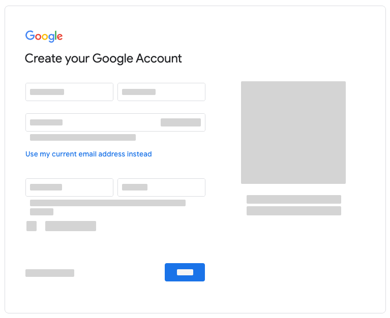 The "Use my current email address instead" link and the other fields on the "Create your Google account" window