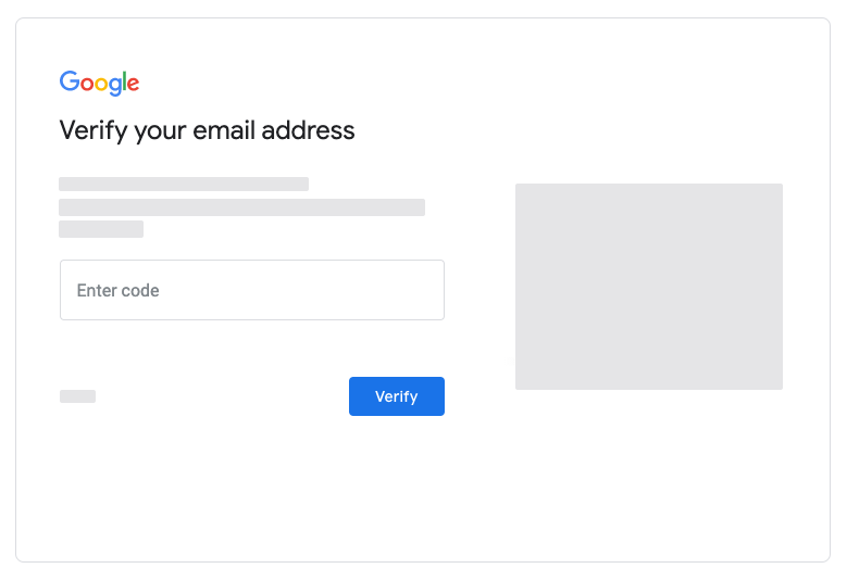 The Google "Verify your email address" window, with the "Enter code" field and "Verify" button